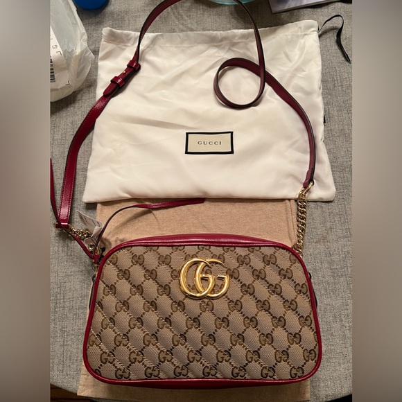 Gucci Handbags - Gucci GG Marmont Shoulder Bag Diagonal Quilted GG Canvas Small Brown, Red